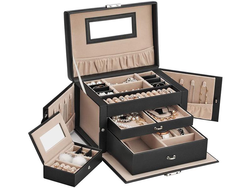 Songmics Schmuckschatulle mit 3 Ebenen, Schwarz, Kunstleder Schmuckbox abschliessbar