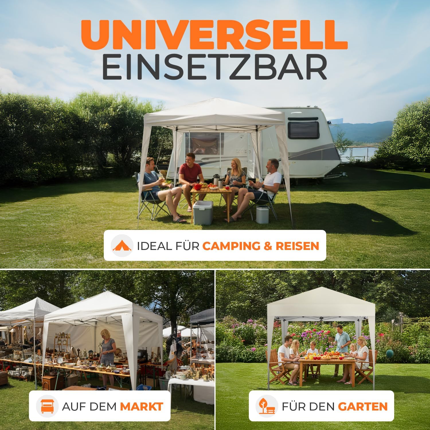 Kronenburg Faltpavillon wasserdicht Dachmaß 2 x 2 m UV Schutz 50+ Pavillon in Champagner mit 4 Seitenteilen