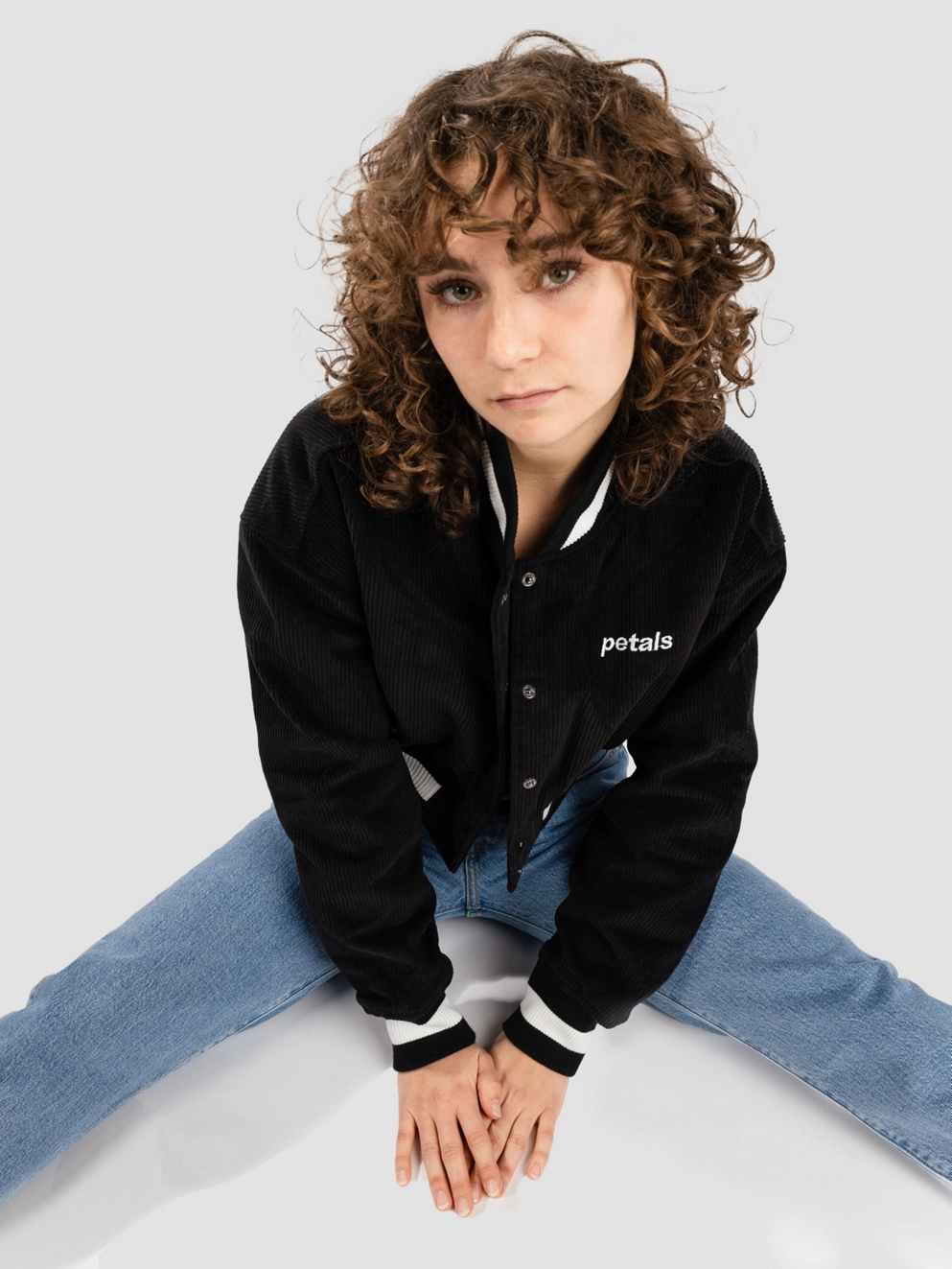 Petals and Peacocks Billie Crop Varsity Jacket black