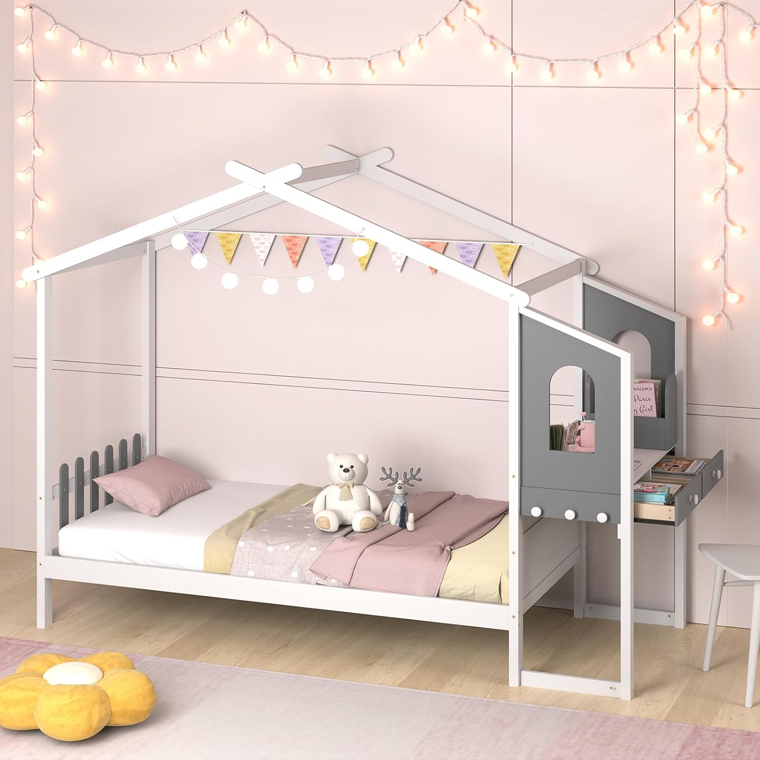 COSTWAY 90x200 cm Hausbett mit Rausfallschutz & Schreibtisch, Kinderbett mit Lattenrost, Schubladen und Haken, Jugendbett bis 150kg belastbar, Holzbett für Kinder, weiß