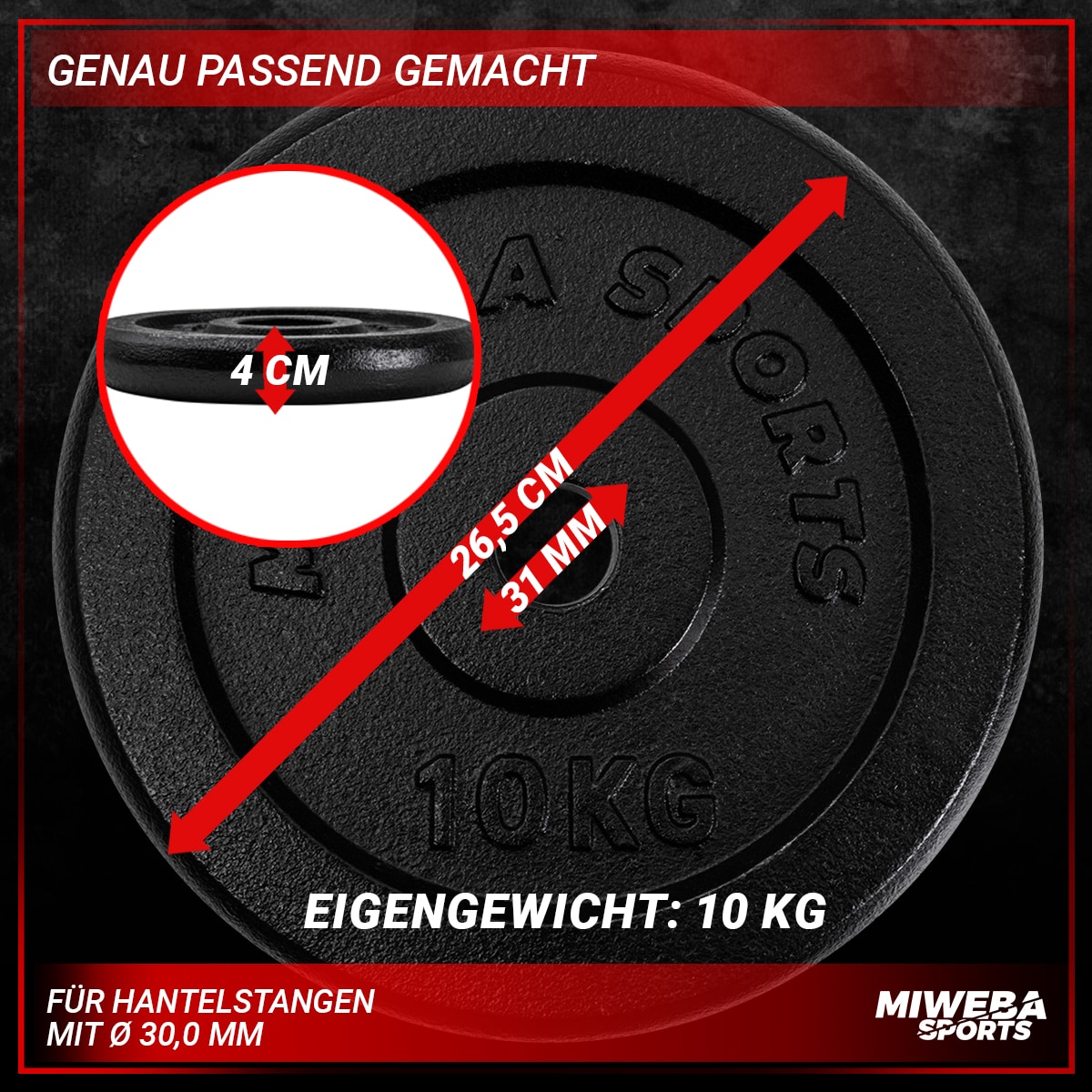 Miweba Sports Hantelscheiben HSG100, 2x 10 kg Hantel-Gewichte, passend für Ø 30mm, Set, Gusseisen