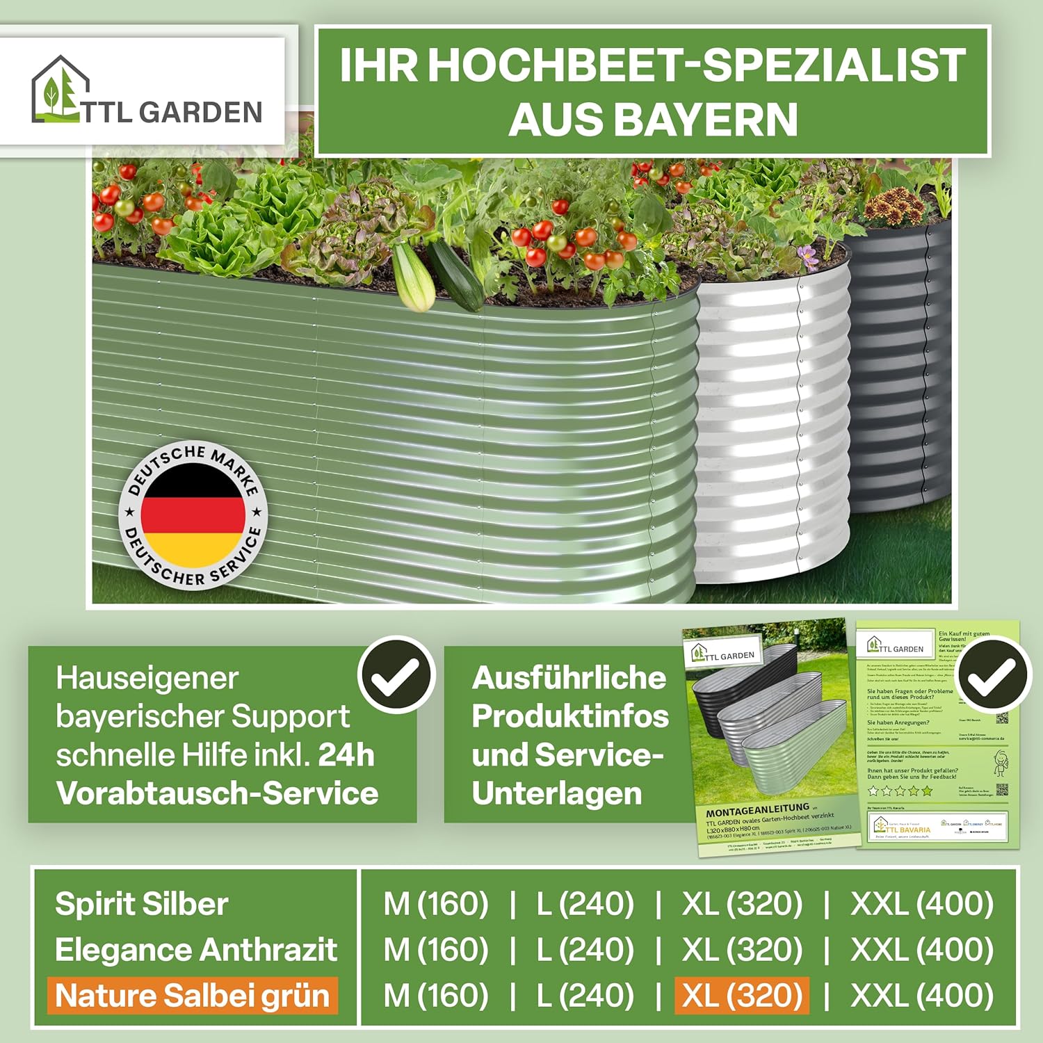 TTL GARDEN 320x80x80cm Nature XL Metall Hochbeet Salbei-Grün - Stahl rostfrei verzinkt & lackiert Wellblech oval 80cm hoch sehr stabil Garten Beet für Gemüse Kräuter Blumen Gartenbeet Gemüsebeet