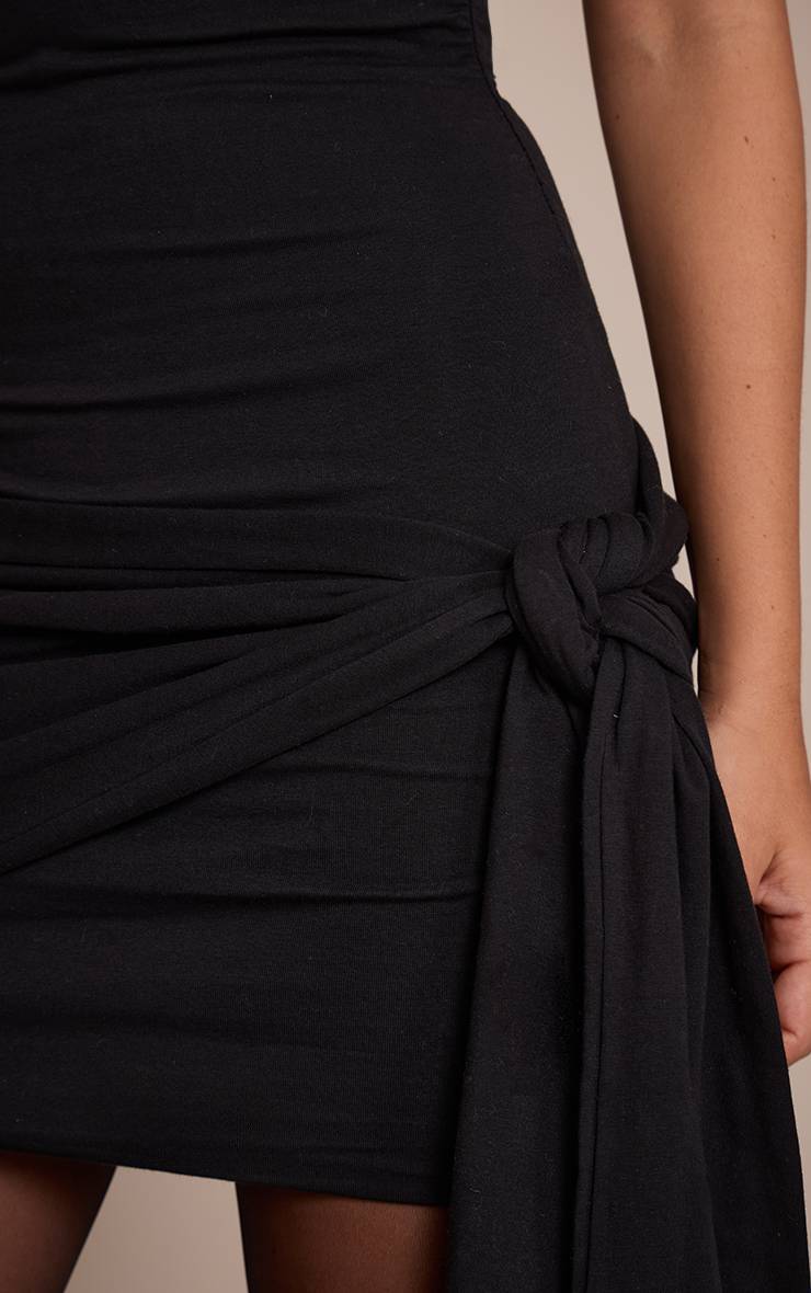 Noir Robe Moulante À Manches Courtes Avec Lien À Nouer