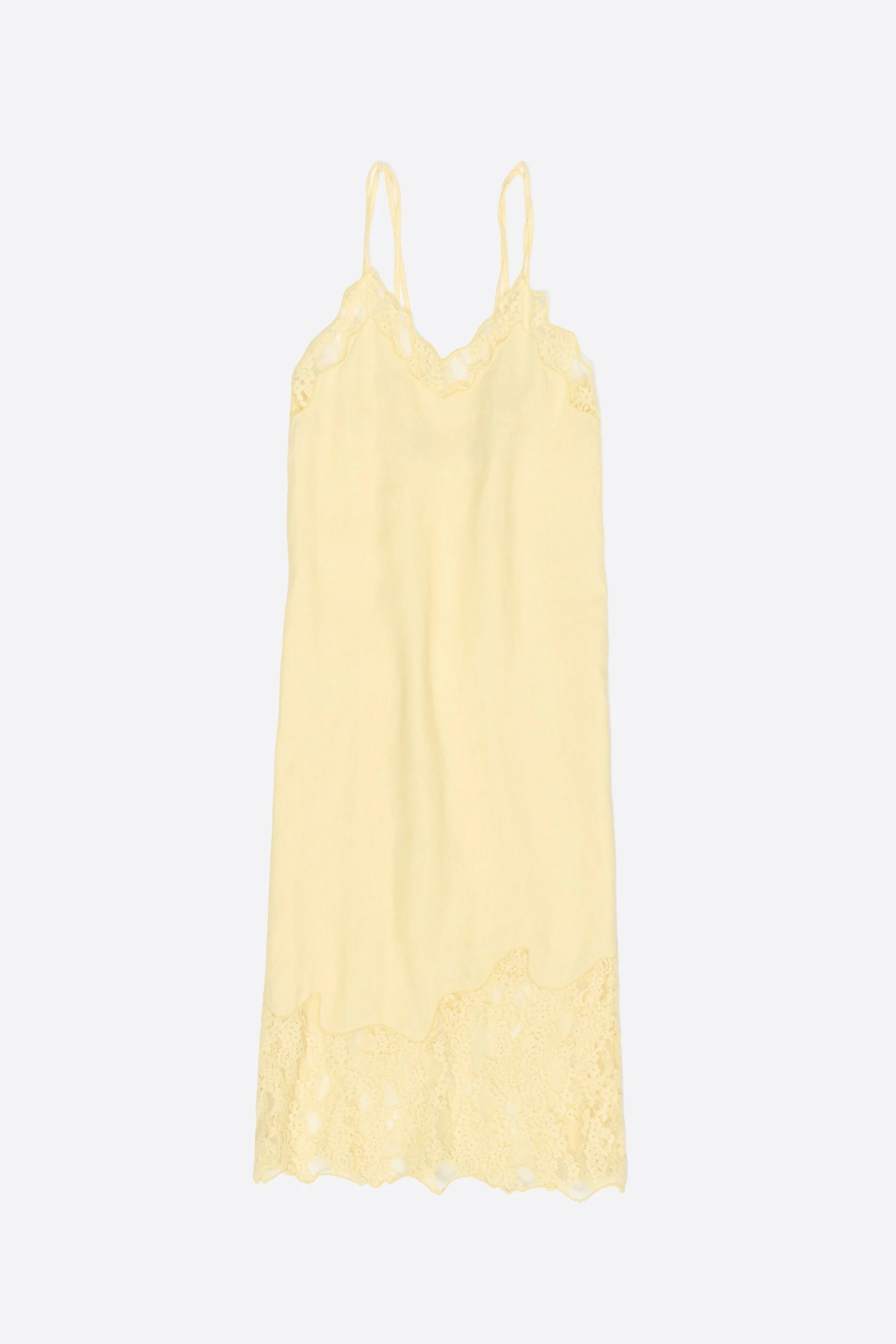 Vestido amarelo claro de linho lavado com renda e decote em V