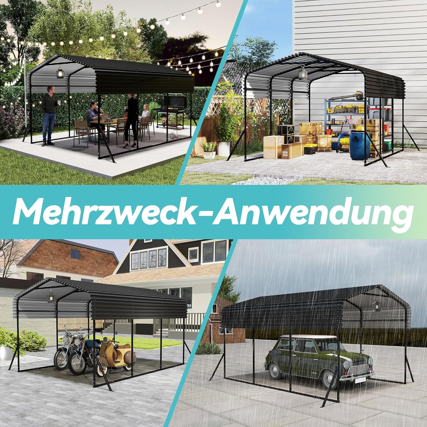 Outdoor-Autozelt-Garage | 10 x 15FT Carport Schwarz | Metall Außengarage-Auto-Unterstand| Schatten mit verzinktem Metalldach für Autos und Boote biwakzelt