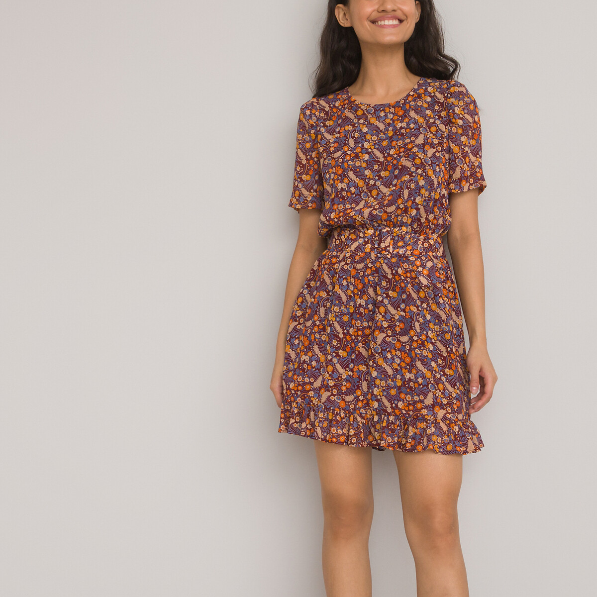 COLEÇÃO LA REDOUTE<br>Vestido florido com decote redondo e cinto
