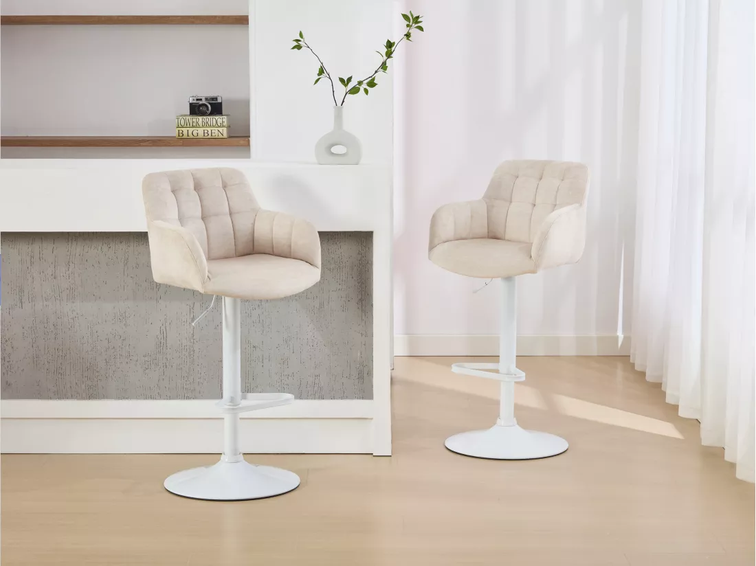 Lot de 2 tabourets de bar en velours et métal blanc - Hauteur réglable - Crème - PEGA de Pascal MORABITO