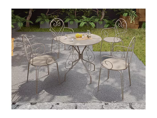 Salle à manger de jardin en métal façon fer forgé : une table et 4 fauteuils empilables - Beige - GUERMANTES de MYLIA