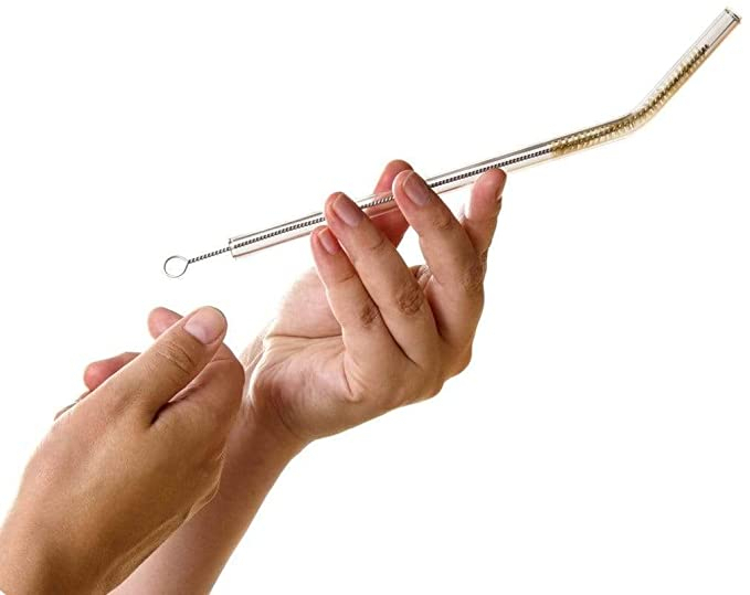 (11-tlg. Set) 20cm Glas Strohhalme Gebogen Wiederverwendbare Trinkhalme inkl. Reinigungsbürsten - Schwarz