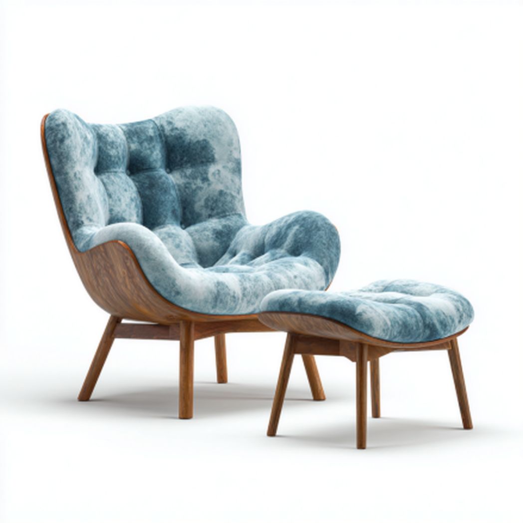 Fauteuil en tissu avec repose-pieds et pieds en bois massif