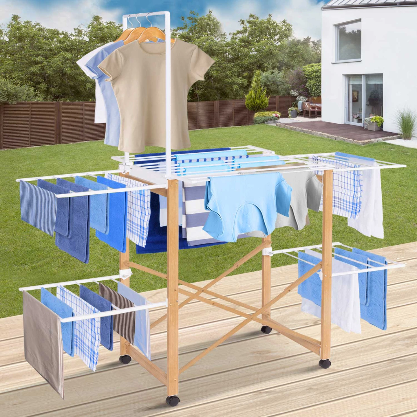 Séchoir à linge pliable DELUXE capacité 22M avec tringle blanc et effet bois