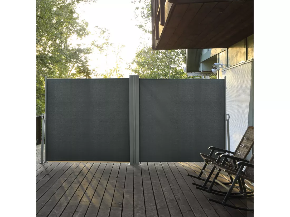 Double store latéral brise-vue paravent rétractable dim. 6L x 1,60H m polyester anti-UV haute densité gris