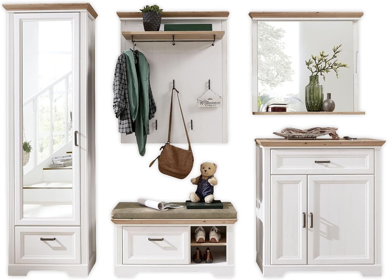Stella Trading JASMIN Flurgarderoben Set in Pinie hell, Artisan Eiche Optik - Landhausstil Garderobenset 5-teilig für Ihren Eingangsbereich - 280 x 204 x 41 cm (B/H/T)