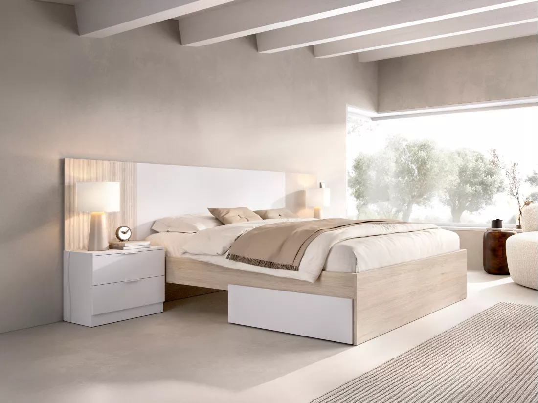 Lit avec chevets 140 x 190 cm - Coloris : Naturel et blanc + Sommier - PELORVA