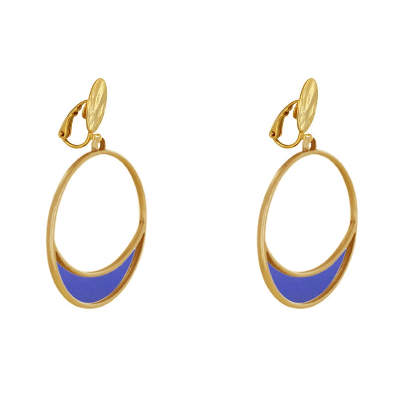 Boucles d'Oreilles Clip Métal Doré Cercle et Croissant de Lune Translucide Coloré