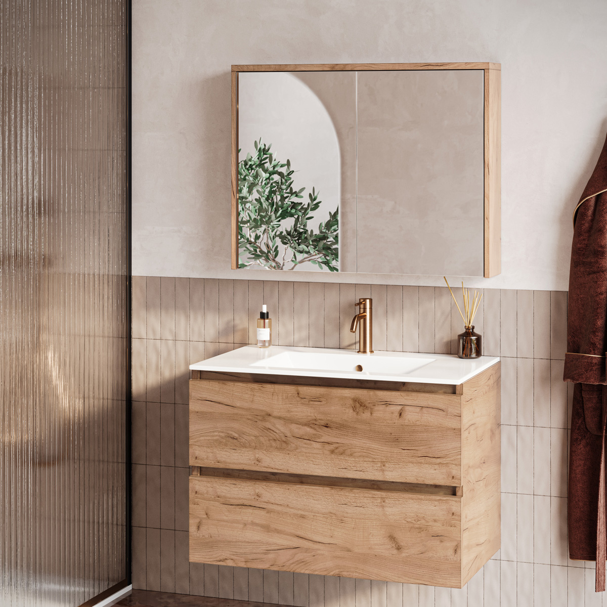 Fontana Rovigo badmeubel 80cm warm eiken met witte wastafel met kraangat en spiegelkast zonder verlichting