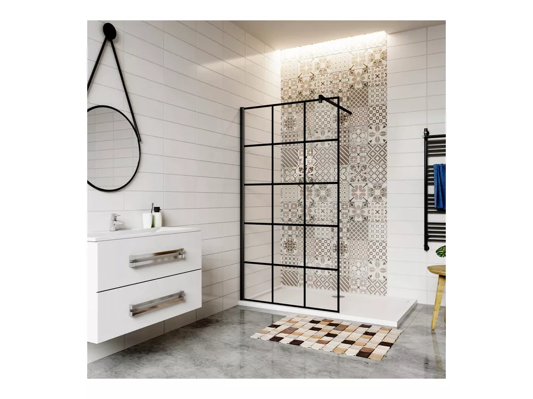 Paroi de douche fixe à l'italienne 120x200cm avec barre de fixation 90cm en carré - Noir - 8mm verre coloré et anticalcaire