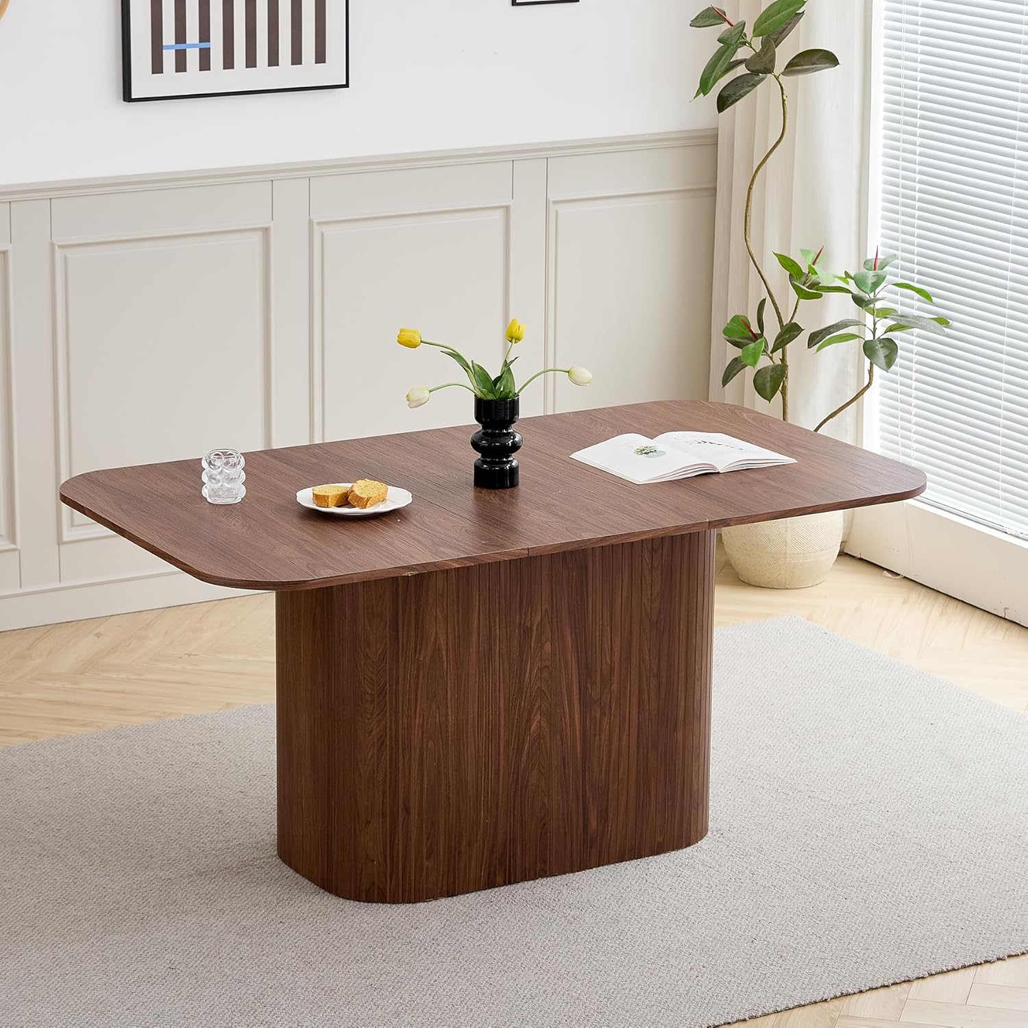 Moderner Esstisch für 4–6 Personen, 160cm Rechteckiger Küchentisch mit Schwerem Säulenfuß für Wohnzimmer, Küche, Wohnung (Dunkelbraun)