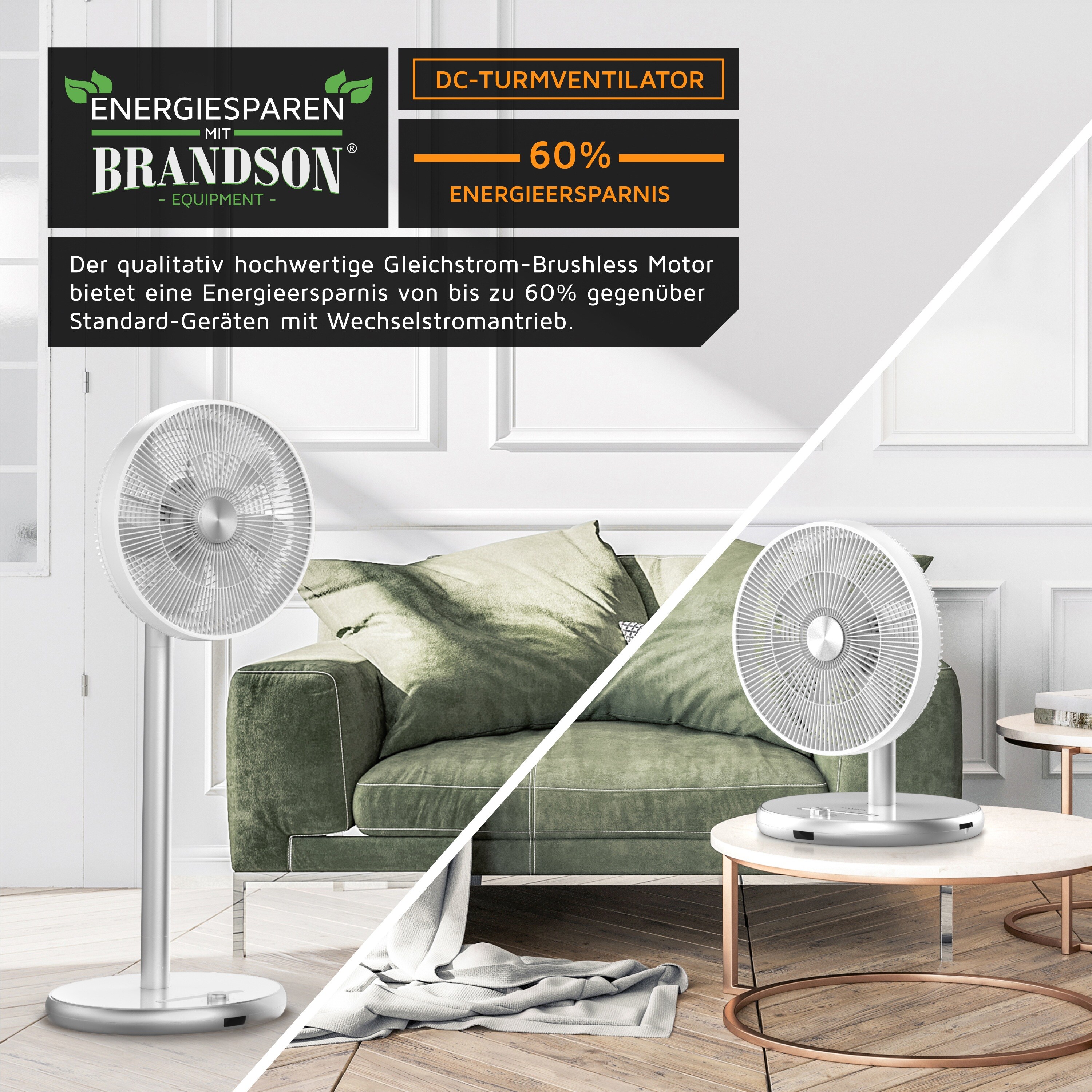 Brandson - Standventilator mit DC Motor - ECO Energiesparend - 9 Geschwindigkeiten - Ventilator mit Fernbedienung - Timer - 100° Oszillation - LED