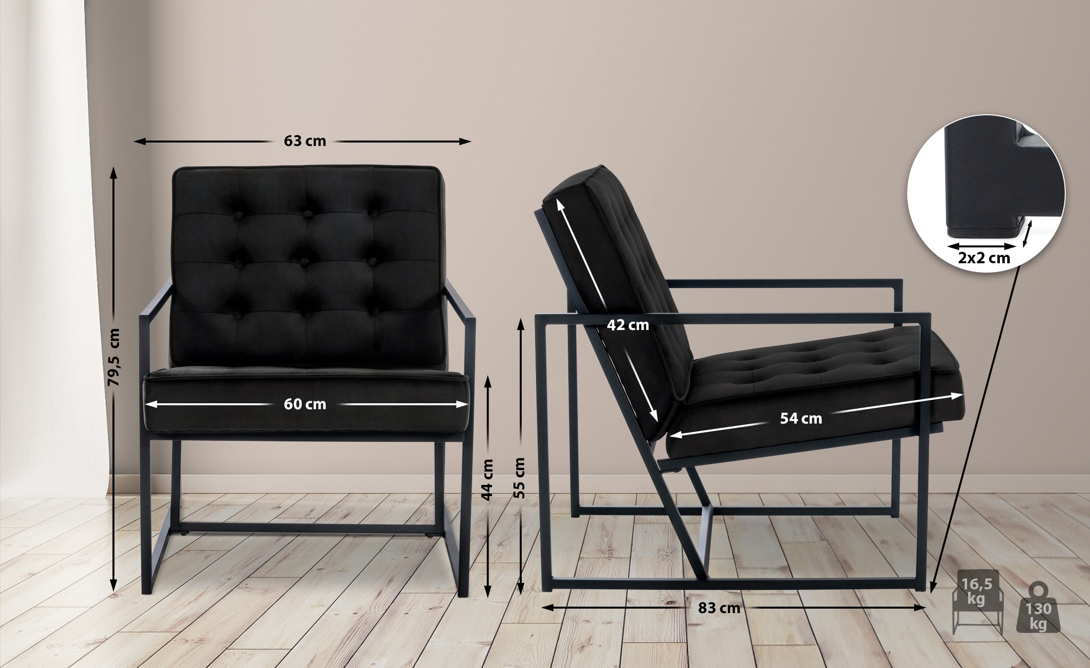 CLP Lounger Avon Samt - Lesesessel Mit Gestepptem Samtbezug Und Stabilem Metallgestell