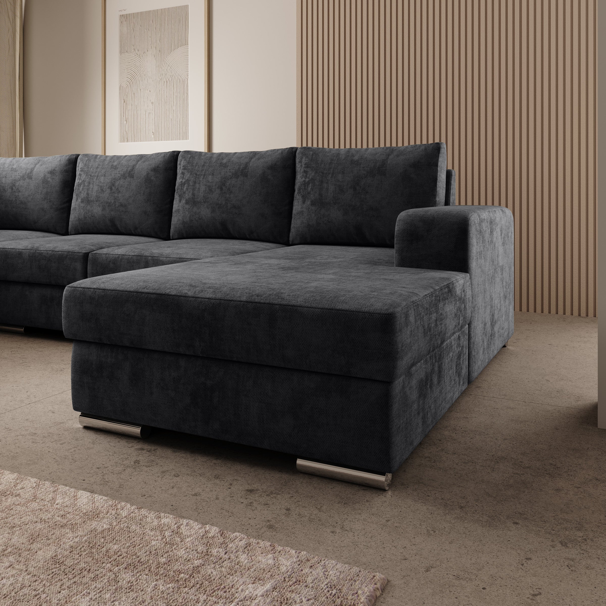 Adel - Hoekbank 5-zits met chaise longue - Velvet zwart - Rechts
