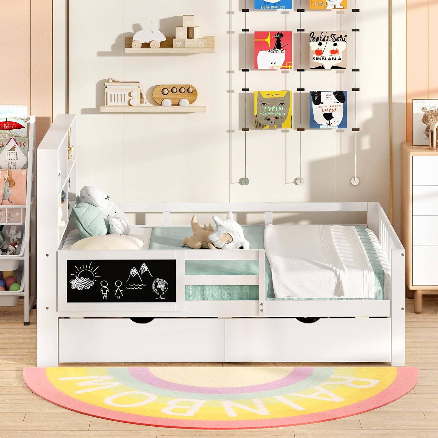 COSTWAY 140 x 200 cm Kinderbett mit Rausfallschutz & Zeichenbrett, Jugendbett mit 2 Schubladen, Bücherregal & Lattenrost, Holzbett weiß, Doppelbett für Jungen und Mädchen