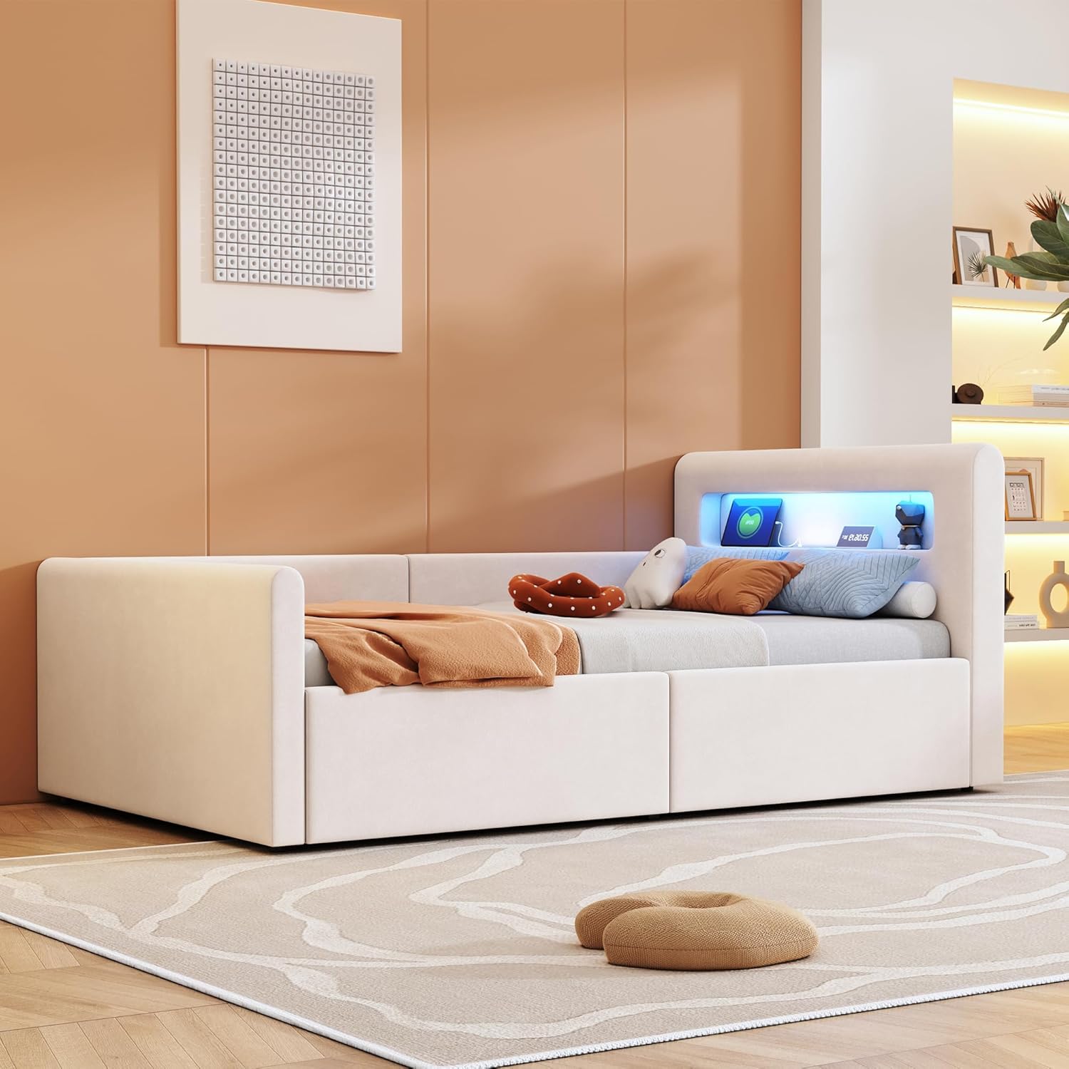 Polsterbett Kinderbett 90x200 cm mit USB Anschluss und LED Licht, Hydraulisches Bett mit Stauraum und Kopfteil, Einzelbett Bettgestell mit Lattenrost, Samt, Beige, Ohne Matratze