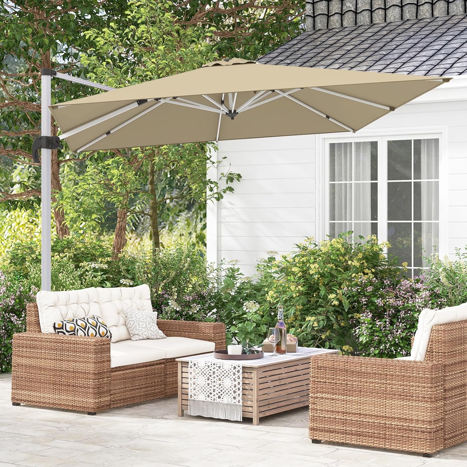 COSTWAY Sonnenschirm rechteckig 300 x 300 cm, großer Ampelschirm mit Kurbel, Gartenschirm neigbar, 360° drehbar, Terrassenschirm, Marktschirm für Garten, Terrasse, Balkon (Beige)