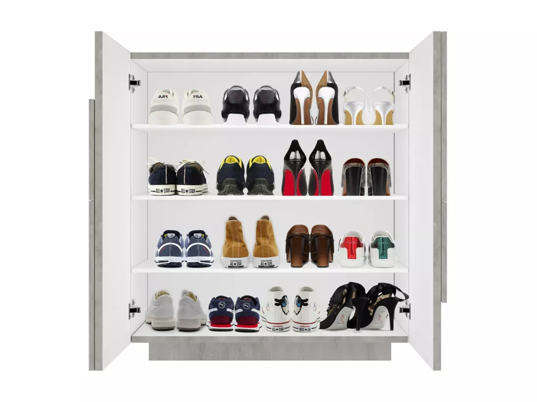 Étagère à chaussures Dfogl, Armoire polyvalente avec 2 portes, Étagère à chaussures d'entrée, 100% Made in Italy, 81x38h86 cm, Ciment avec détail