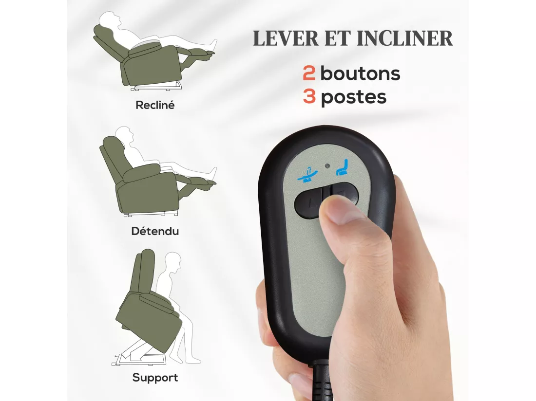Fauteuil releveur électrique massant chauffant inclinable - repose-pied intégré, 2 télécommandes - tissu vert