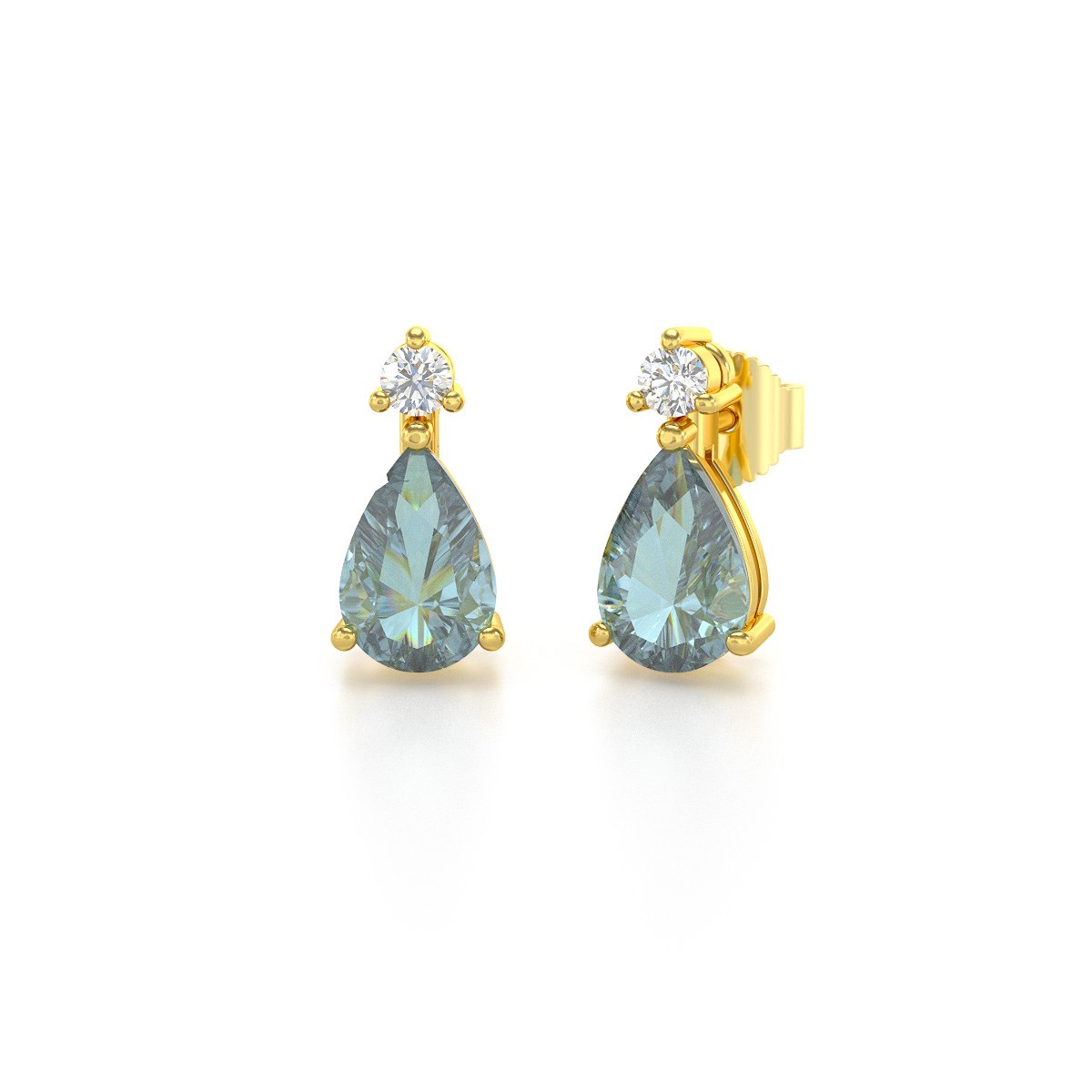 Boucles d'oreilles ADEN Or 585  Jaune Aigue-Marine forme Poire et Diamants 1.15grs