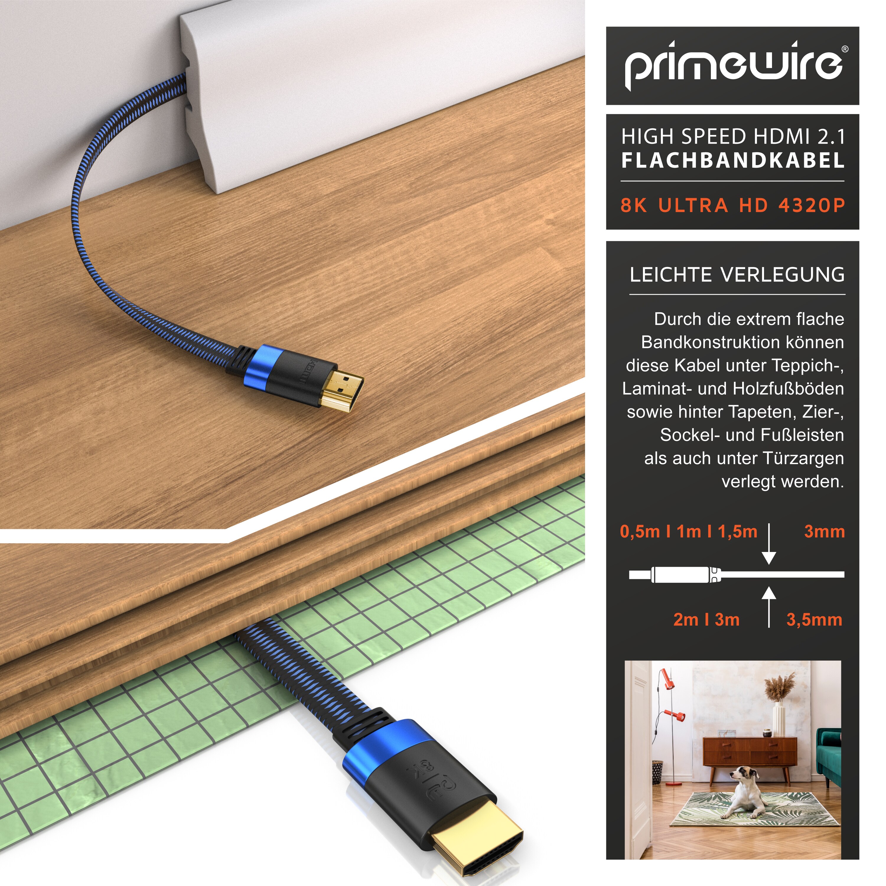 Primewire 8k HDMI Kabel 2.1 - Flachbandkabel Ultra High Speed II Ethernet, 8K UHD II, 3D TV, eARC, HDR10+ 120 Hz mit DSC, 7680 x 4320, Verlegekabel - 0,5m