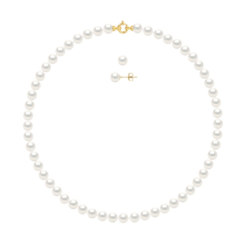 Parure Collier et Boucles d'Oreilles Perles d'Eau Douce 7-8 mm Or Jaune