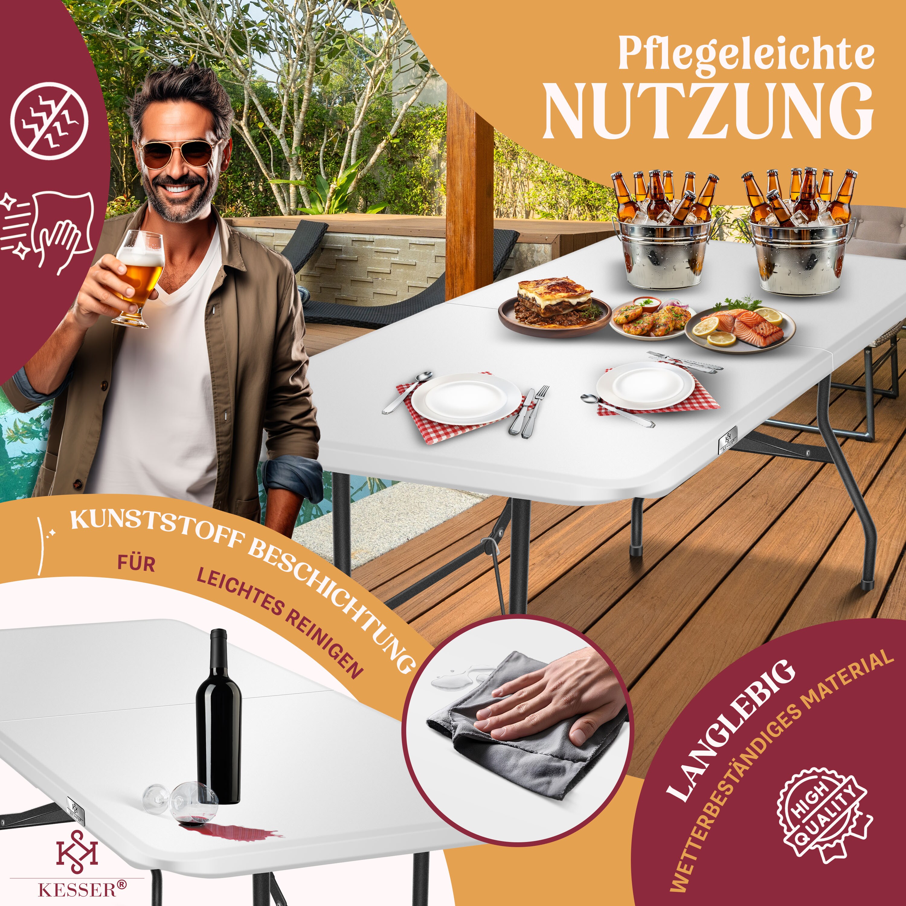 KESSER® Buffettisch Tisch klappbar Kunststoff 183x76 cm Campingtisch Partytisch Klapptisch Gartentisch für Garten, Terrasse und Balkon zusammenklappbar 8 Personen inkl. Tragegriff und Cover