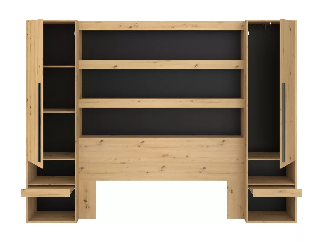 Pont de lit avec rangements et LEDs - L269 cm - Coloris : Naturel et noir - VARLY