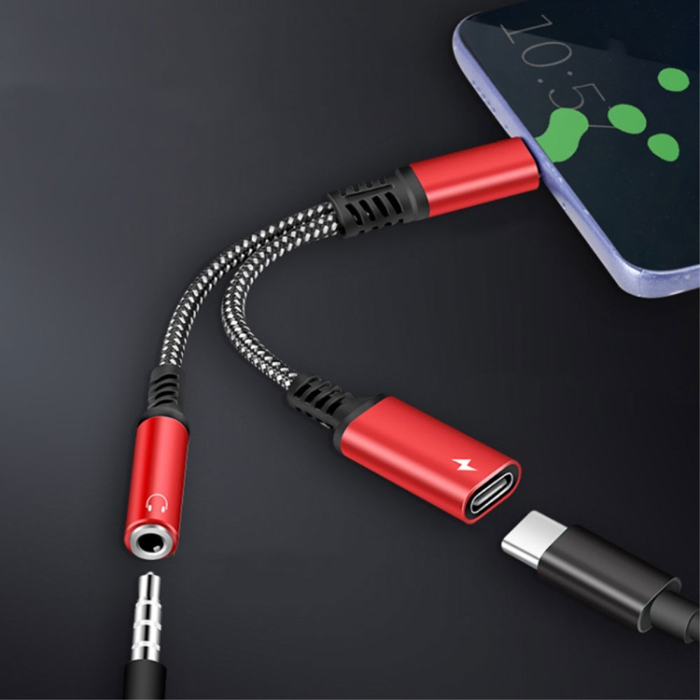 (10cm) USB C auf 3.5mm Kopfhöreranschluss und USB C Port Nylon Kabel mit Power Delivery (60W) - Schwarz