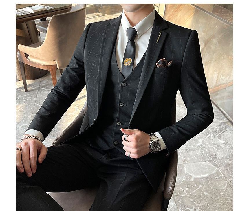 Deepwood - Set: Geruite blazer met één knoop + V-hals vest met knoopjes + pantalon