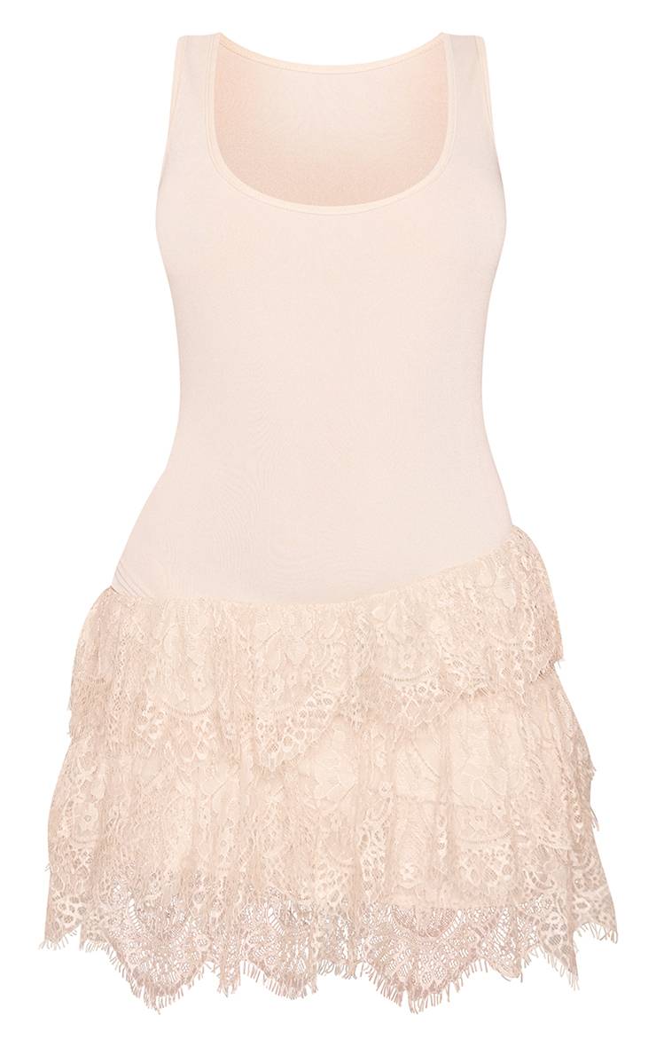 Crème Robe Mini Côtelée À Encolure Dégagée Avec Ourlet En Dentelle Contrastante