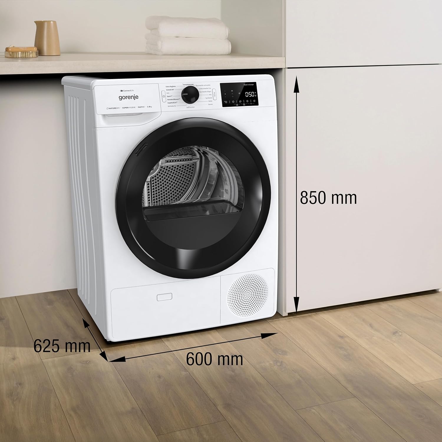Gorenje DPNE92/GN Trockner/Kondensation mit Wärmepumpe / 9kg / 16 Programme/WIFI/Made in Europe/WaveActive Trommel/TwinAir/Feuchtesensor/Naturedry/LED Display/EEK: D
