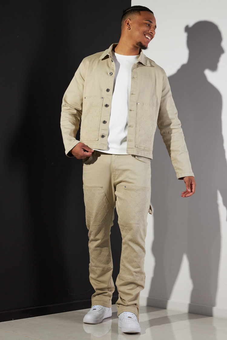 Ensemble 2 pièces veste + jean beige à motif losange