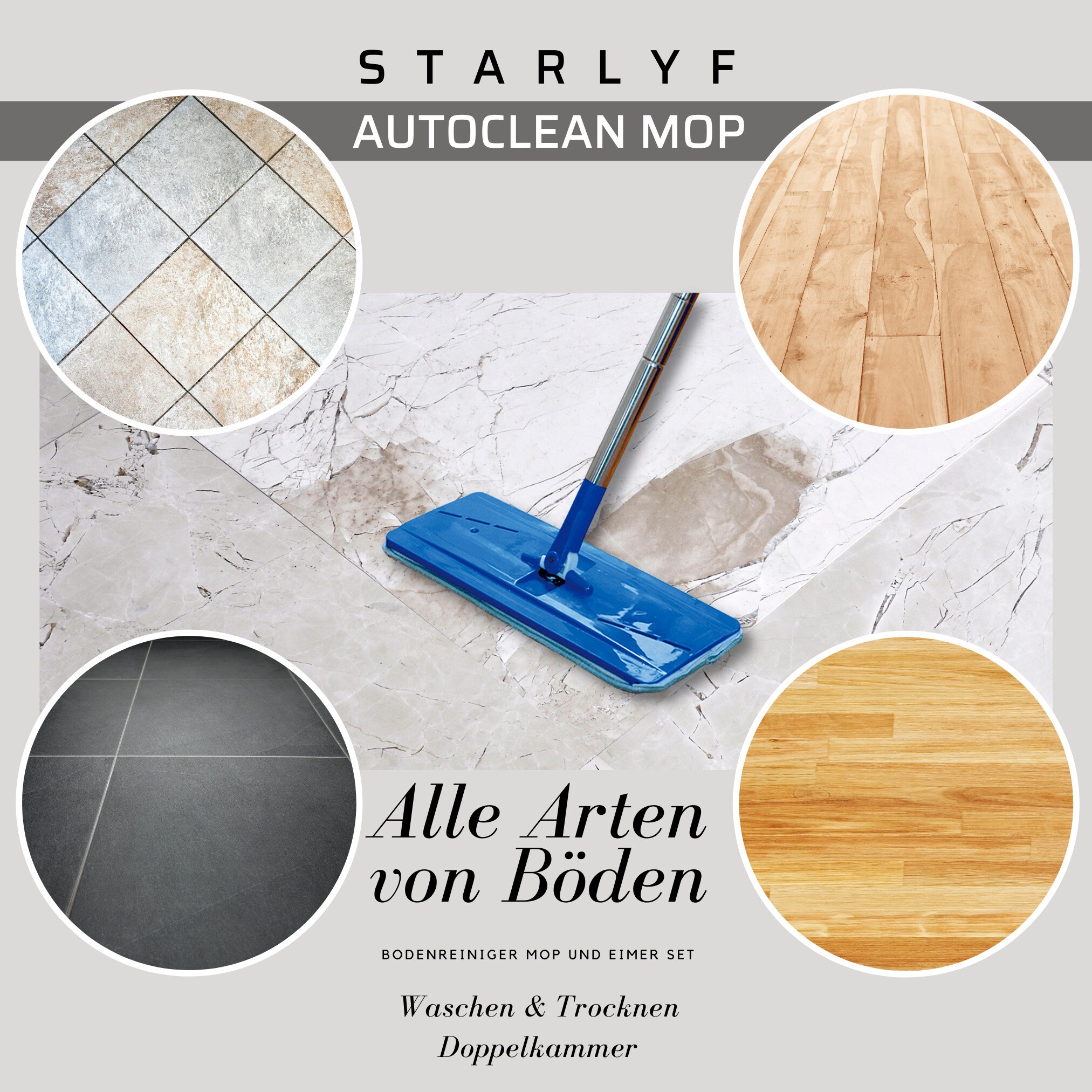 Starlyf® Bodenwischer Set, Wischsystem selbstreinigend, Doppelkammereimer Autoclean Mop + 2 Matten