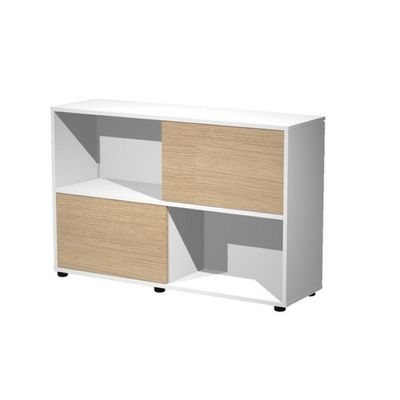 Bibliothèque basse à porte coulissante - L120 x H79 x P35 - Corps blanc - Portes chêne