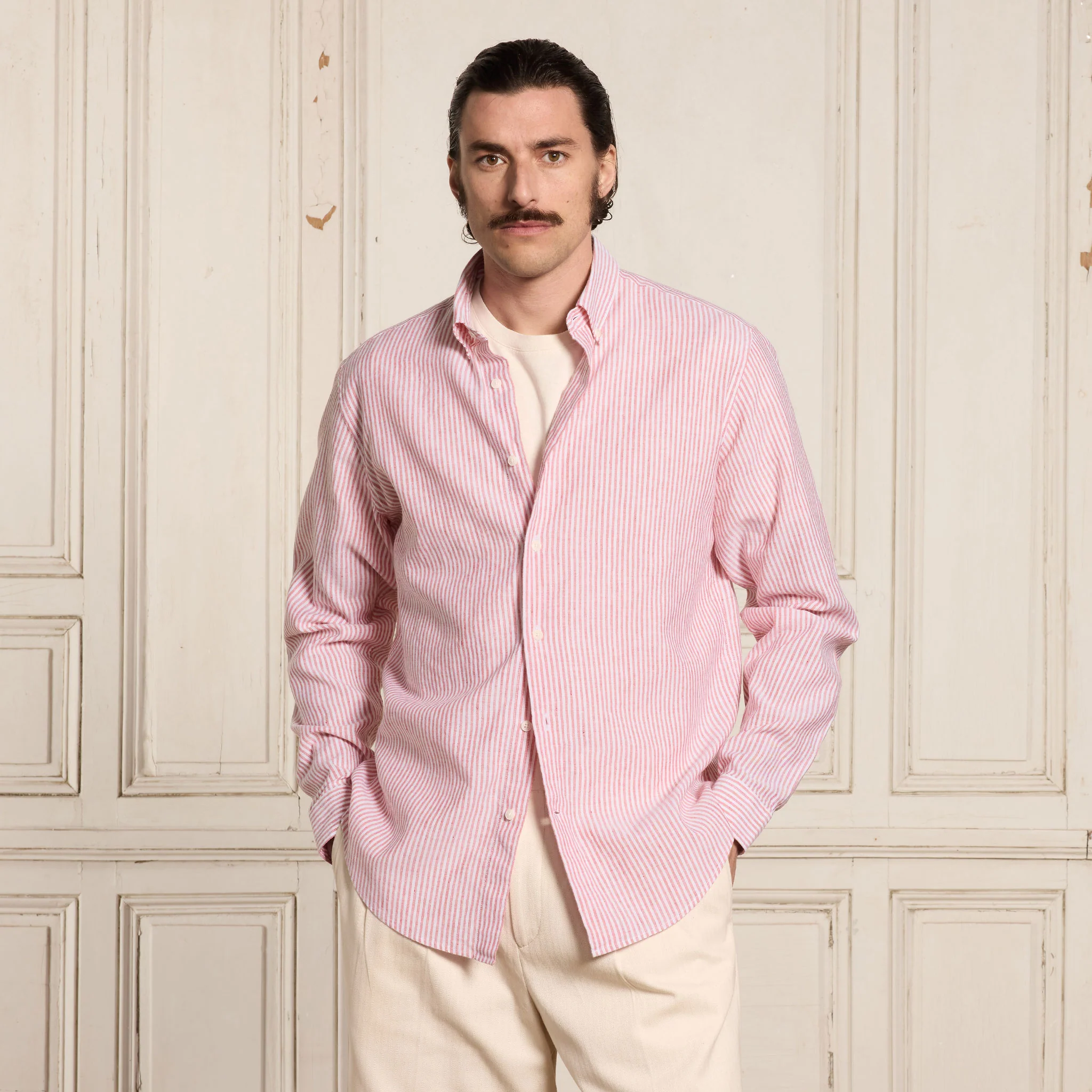 Burgundy striped cotton and linen shirt