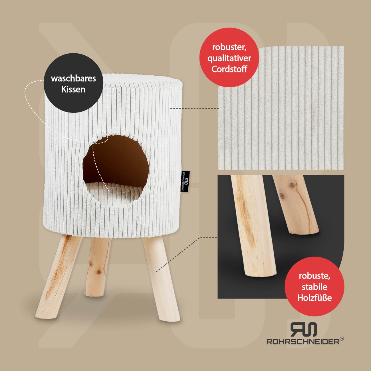 Rohrschneider ® Tierhöhle Cord mit Holz-Füße inkl. Gratis-Spielkugel 2er-Set beige