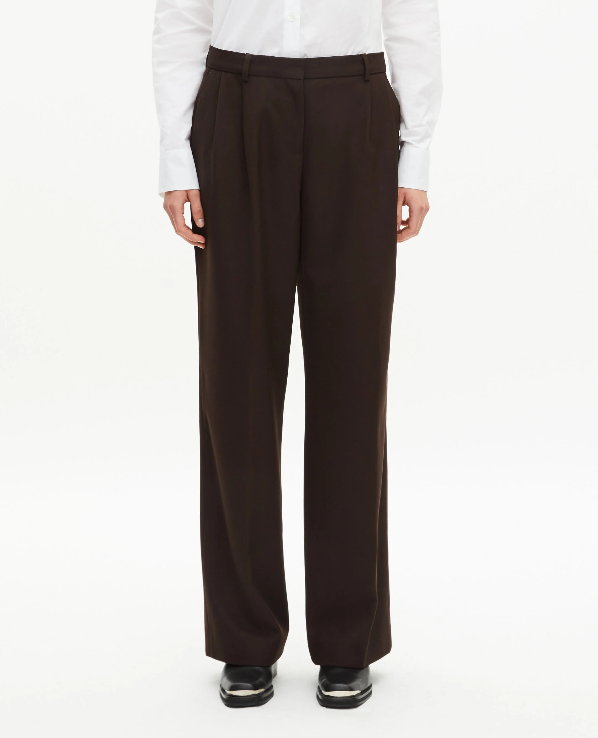 Pantalon tailleur large en laine mélangée marron