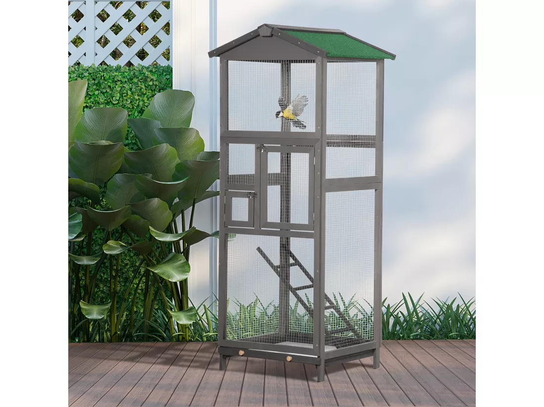 Cage à oiseaux volière grande taille 2 portes toit asphalte tiroir amovible bois gris