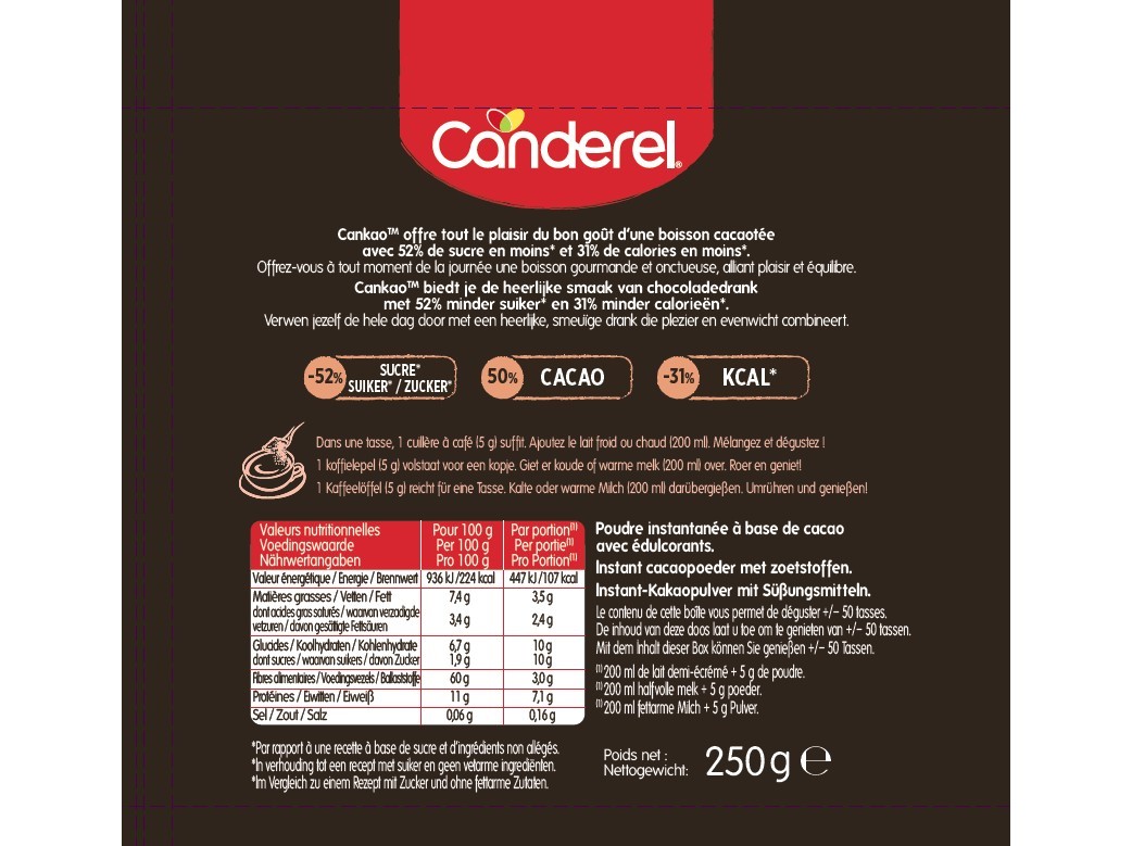 ACHOCOLATADO CANDEREL COM -50% AÇÚCAR 250G