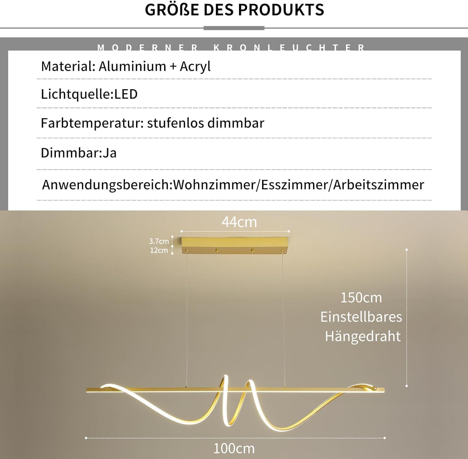 Mikeru Hängeleuchte Wohnzimmer 100cm, Golden Spiral Pendelleuchten LED Pendelleuchte mit Memory-Funktion 10%-100% Dimmbar 3000K Warmweißes/4500K Neutrales/6500K Kaltweißes für das Esszimmer