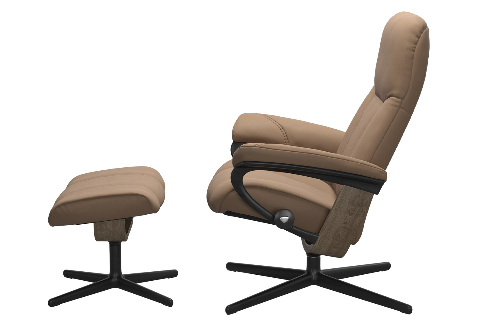 Consul lenestol m/krakk I hud Batick Latte med Cross Matt sort understell. Medium stol med krakk.