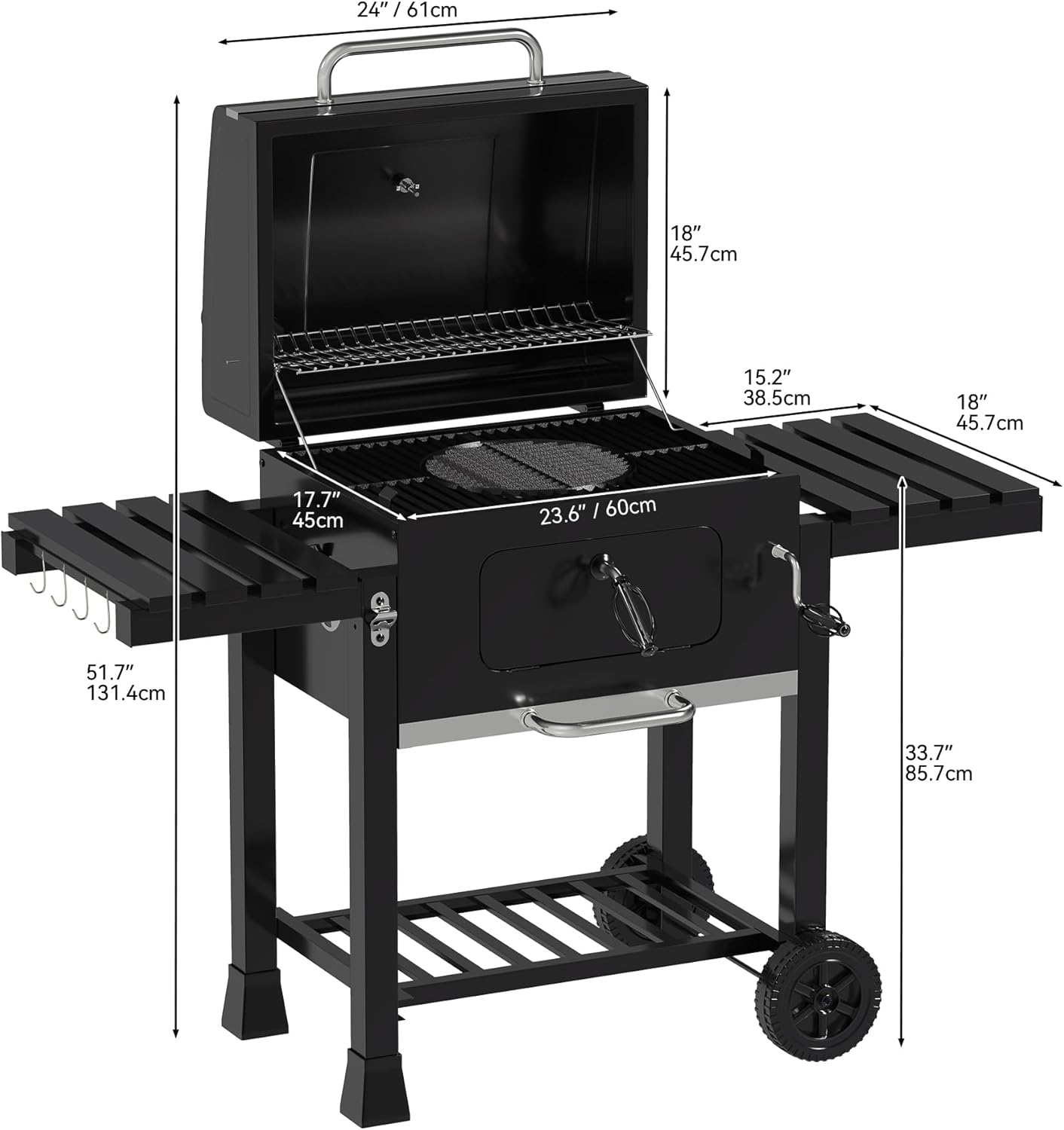 YITAHOME XXL Grillwagen Smoker Holzkohlegrill mit Gusseisenrost & Emaille-Pfanne - Mobiler BBQ Grill für Garten, Camping, Outdoor - Inkl. Thermometer, Küchenzange, Grillhandschuh, Robustes Design